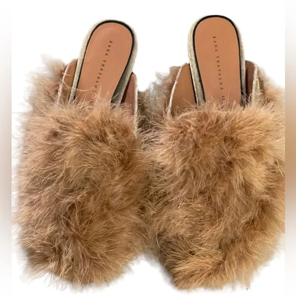 Zara Trafaluc Feathered Fuzzy Slip On Mules Size 40 - Picture 8 of 9